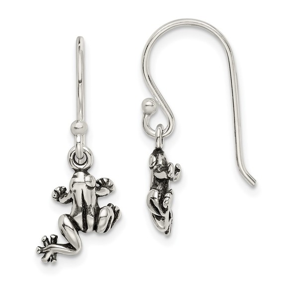 925 Sterling Silver and Antiqued Frog Shepherd Hook Earrings - Picture 1 of 4